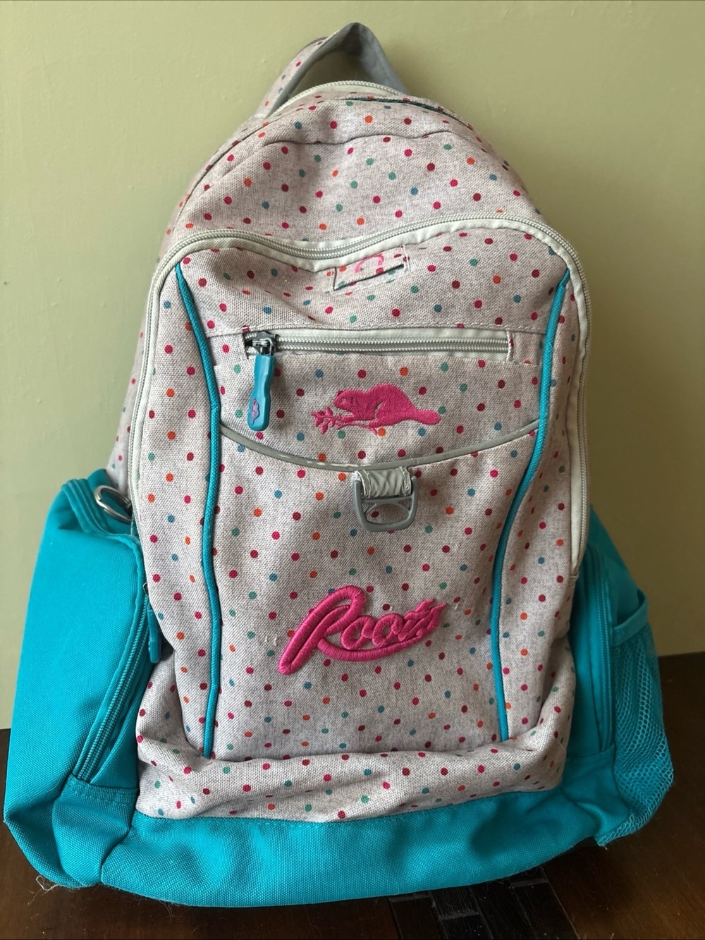 Roots Polka Dot Backpack in Teal and Pink school